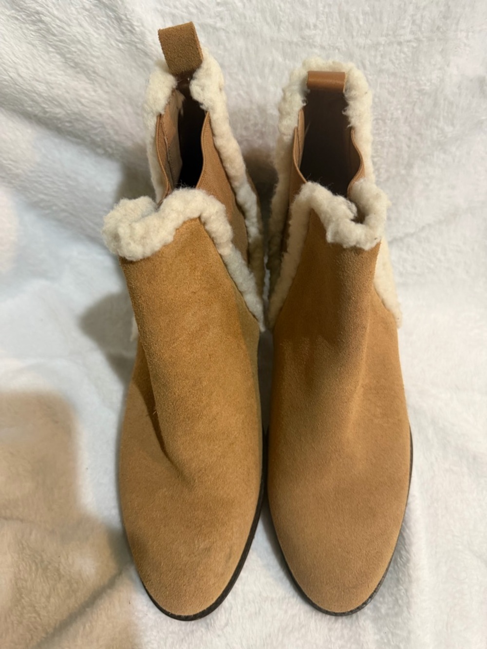 Patricia Green Camel Suede Shearling-Trim Chelsea Booties